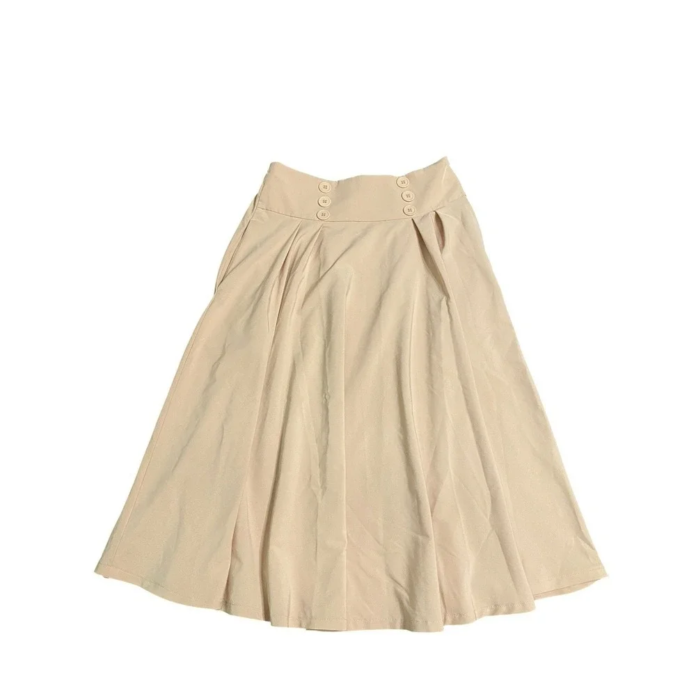 Belle Poque Women's Midi Skirt M Beige High Waist Button Detail A-Line Pockets